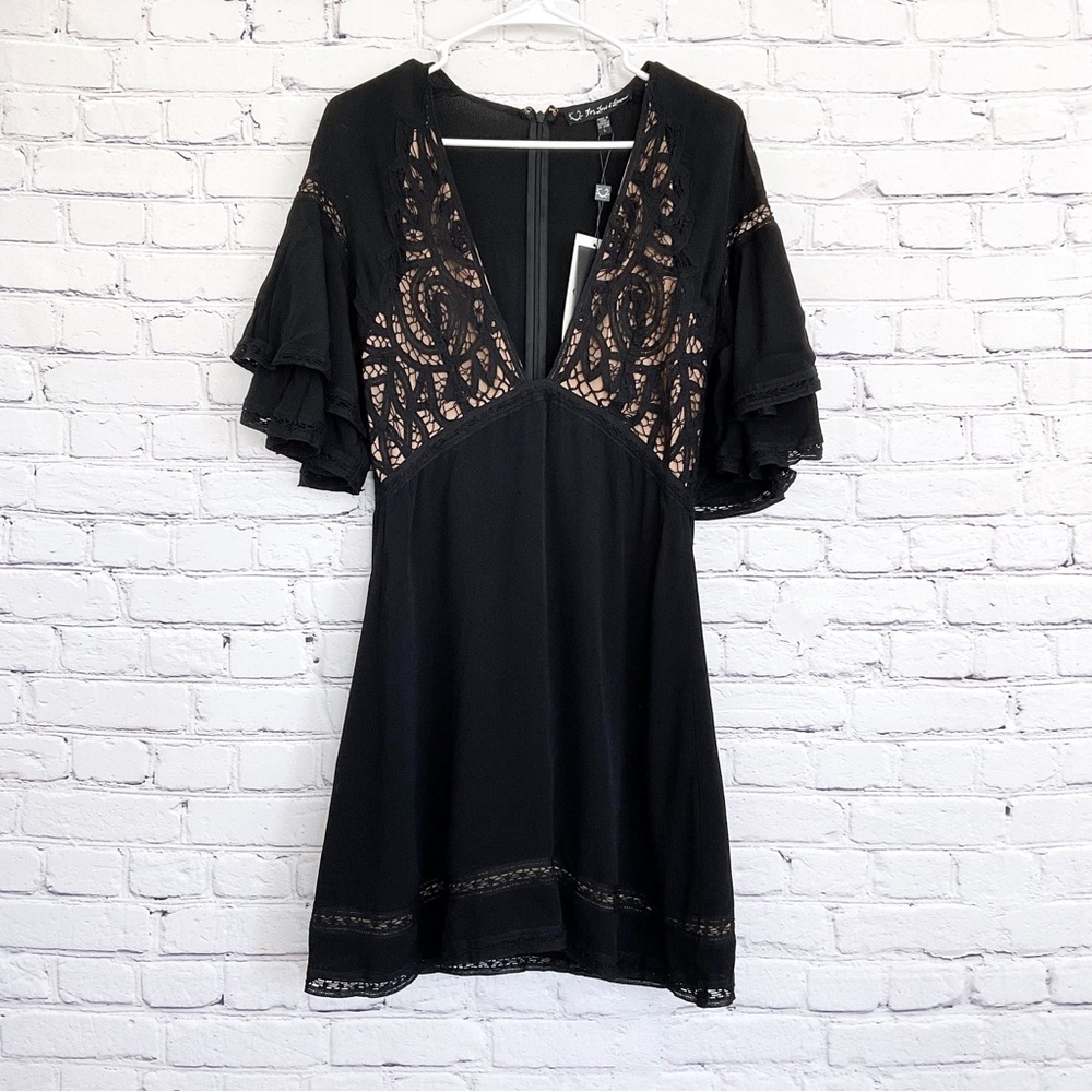 New For Love & Lemons Carmine Black Dress Plunging V Neck Lace Short Size Large - Picture 2 of 9